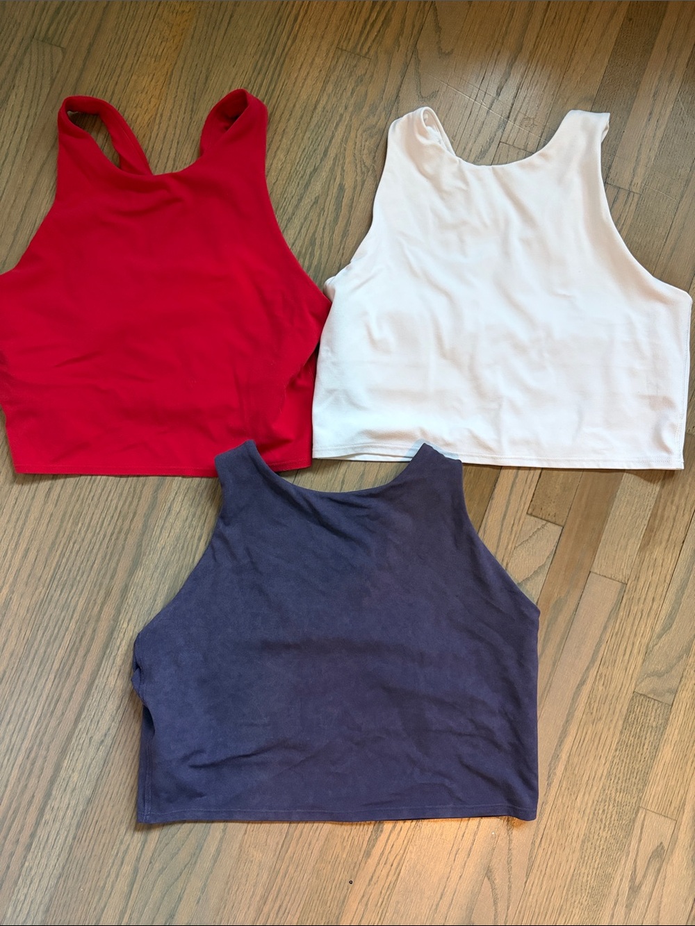 Athleta Trio High-Neck Conscious Crop Tops — Red, White & Purple - Medium